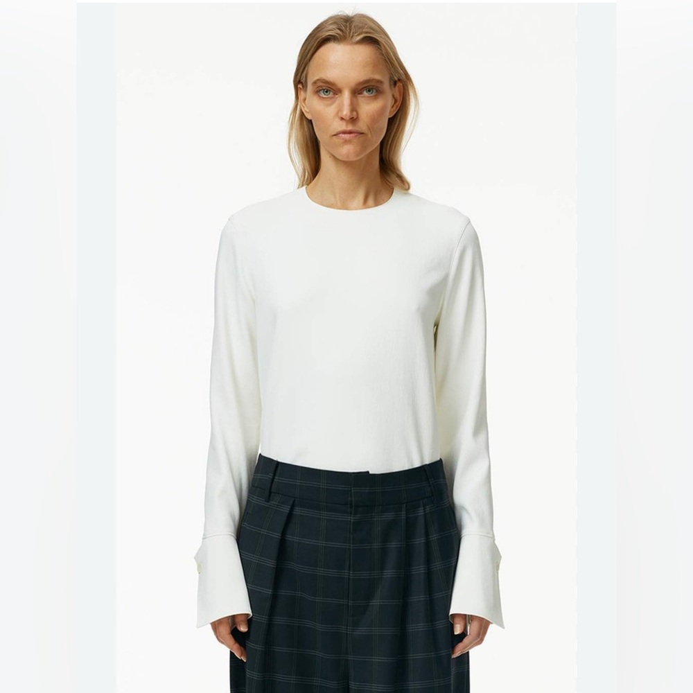 TIBI CHALKY DRAPE LONG SLEEVE TOP - IVORY French Cuff Detail Neutral Size 2 $395